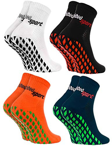 Rainbow Socks - Neo ABS Sport Socks - Damen Herren Neon Sneaker Sport Stopper Socken - 4 Paar - Weiß Schwarz Orange Blau - Größen 44-46