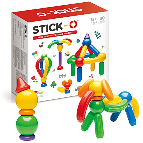 Stick-O Basic 30-Piece Magnetic Building Blocks Toy. Funky, Chunky, Grippy Pieces Perfect for Preschool Hands., Rainbow, 901003