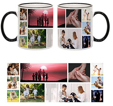 Personalised with Ten Photos/Multi Photo Printed Collage Mug, Novelty, Ceramic Black Colour Rim Mug, Memorable Gift Ideas for Family, Friends, Birthday, Anniversary, Any Special Occasion. (10 Photos)