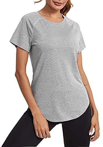 Wayleb Maglietta Sportiva T-Shirt Donna Maniche Corte per Allenamento Estive Asciugatura Rapida T Shirt Palestra Fitness Yoga Running Tee Top Grigio Chiaro,M