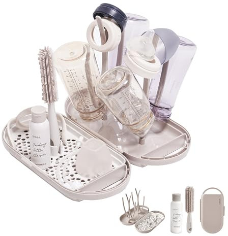 MOTHER-K Travel Baby Bottle Drying Rack Set, Including Bottle Brush and Travel Bottle, for Working Mom or Camping with Baby (Cream Mocha)