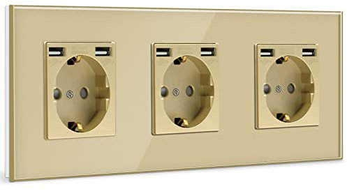 BSEED USB Steckdose Tripel Golden - Schuko Mit USB Anschluss (Max. 2.1A) Unterputz Glas Schutzkontakt-Ladegerät für Handys, Laptops etc