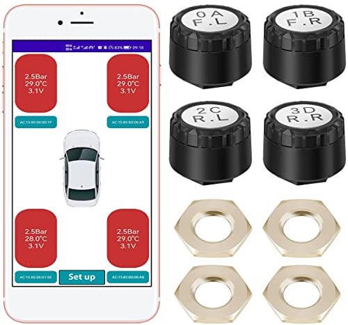 Caffney Bluetooth Tire Pressure Monitoring System Wireless APP Tire Pressure Monitor Temperature Display Tyre Pressure Alarm Sensor Support iOS & Android for Motorcycle Tricycle Car RV(4 rounds)