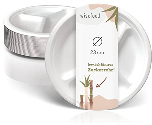 wisefood Bagasse Assiette à 3 compartiments en forme de canne à sucre rectangulaire Ø 23 cm Idéal comme assiette de fête ou assiette de menu, vaisselle en canne à sucre biodégradable (50)