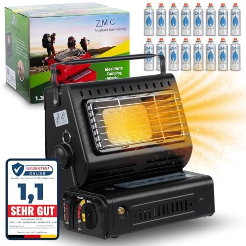 Z.M.C 2-in-1 Tragbare Keramik Gasheizung und Gaskocher 1,3 kW, mit LPG Anschluss + 16 Gaskartuschen, Campingkocher mit Piezozündung, Wärme & Kochen für unterwegs, Perfekt für Outdoor, Zelten Wohnwagen