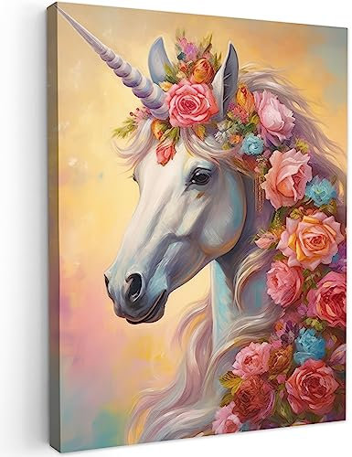MuchoWow© Leinwandbild 30x40 cm Dekoration Wohnzimmer Bilder Aufhängen Wall Decoration Living Room Wohnungs Deko Moderne Einhorn - Rosen - Einhorn - Blumen