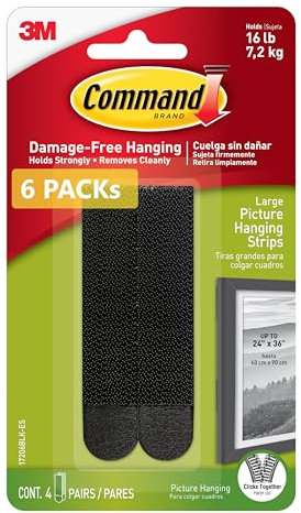 Command Lot de 6 paquets de 4 paires de 48 bandes de suspension pour photos, cadres, miroirs, décoration murale et panneaux Noir Capacité maximale 7,2 kg