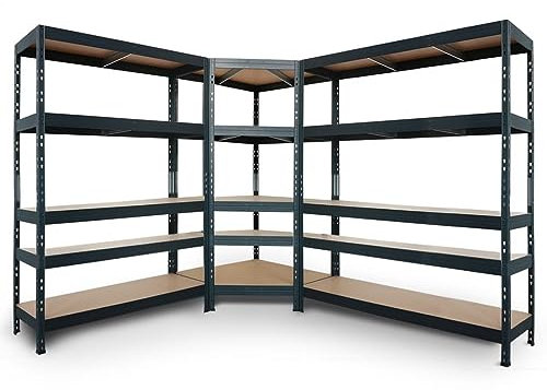 Regalsystem: 1 Eckregal 180x90x45x64,5cm und 2 Rivet Steckregale 180x120x45cm und 180x150x45. 5 HDF- Böden, 250kg, anthrazitgrau