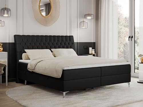 MKS MEBLE Boxspringbett 160x200 mit 2 Bettkästen Matratze und Topper, Polsterbett 160x200, Bett 160x200 - Milen - 160x200cm - H4 Schwarz Kunstleder