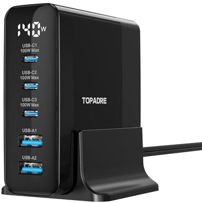 Chargeur USB C 140W,5 Ports Gan Chargeur Station Ultra Rapide avec Et éCran LCD pour Macbook Pro/Air,pour Ipad Pro/Air,pour Iphone 16/15,Galaxy S24/S23,pour Dell,Pixelbook,Noir
