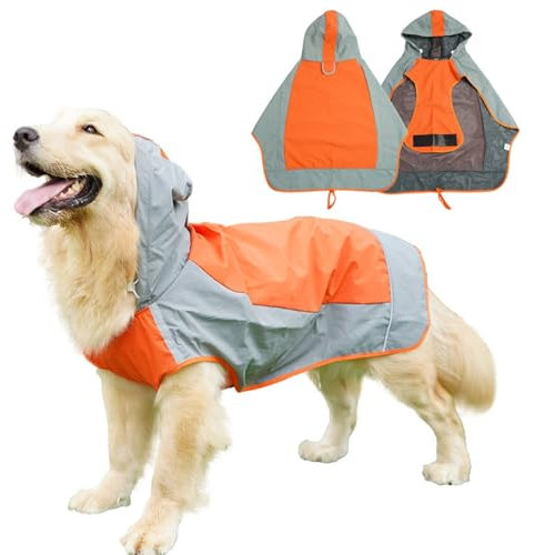Hunderegenmantel Wasserdicht, Verstellbarer Regenmantel Hund mit Reflexstreifen und Kapuze, Regenjacke Hund für Outdoor Wandern, Regencape Hunde für Kleine, Mittelgroße und Große Hunde (Orange, L)