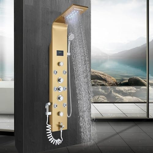 Stainless Steel LED Shower Panel Tower System with 6 Functions Waterfall Rainfall Shower Head Hand Shower Jets Bath Spout High Pressure Bidet Wall Mounted Luxury Gold Finish