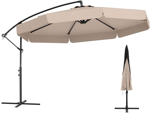 GOPLUS Sombrilla de Jardín con Funda, 3m Sombrilla Voladiza con Ajuste de Inclinación, 8 Varillas Metálicas, Parasol Colgante con Manivela, Sombrillas Terraza Exterior para Piscina Mercado (Beige)