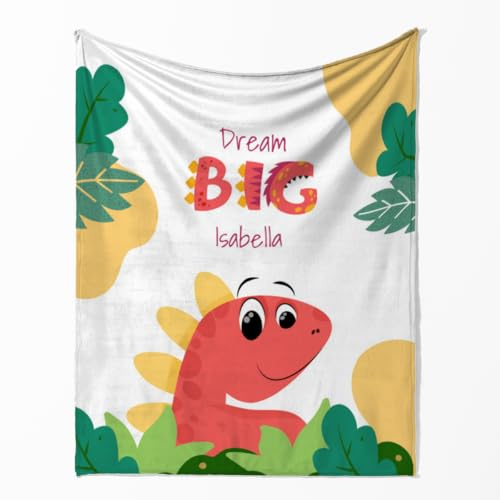 fotobar Kuscheldecke mit Namen – Dino Dream Big, 125 x 155 cm, für Kinder | Mit Wunschnamen, flauschiger Fleece ca. 265 g/m², Öko-Tex Standard 100, in Deutschland bedruckt