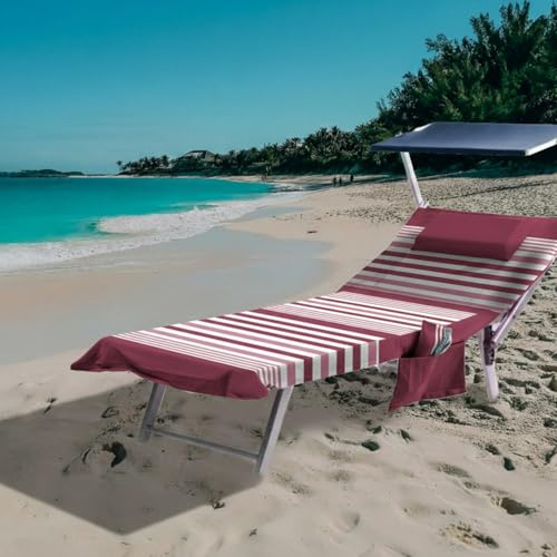 L'Emporio Casa Drap de plage pour chaise longue avec angles, poches et coussin en coton, fouta pour plage, piscine, mer (fuchsia)