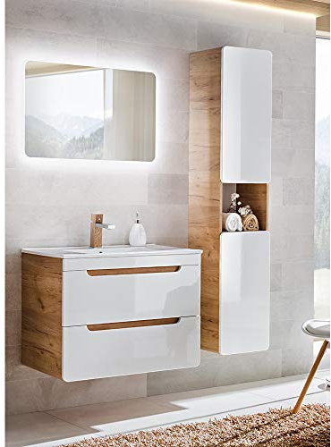 Lomadox Badezimmer Badmöbel Set, Hochglanz weiß mit Wotan Eiche Nb., 81 cm Waschtisch-Unterschrank mit Keramik-Waschbecken, 80 cm LED-Spiegel, Hochschrank mit 2 Türen, B/H/T ca. 130/200/46 cm