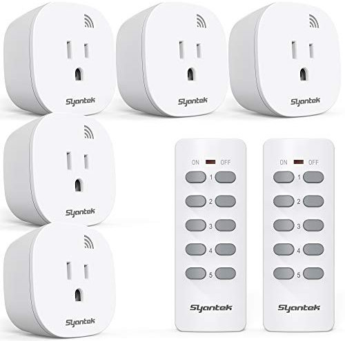 Syantek Remote Control Outlet Wireless Light Switch for Household Appliances, Expandable Remote Light Switch Kit, Up to 100 ft Range, FCC Certified, ETL Listed, White (5 Outlets + 2 Remotes)