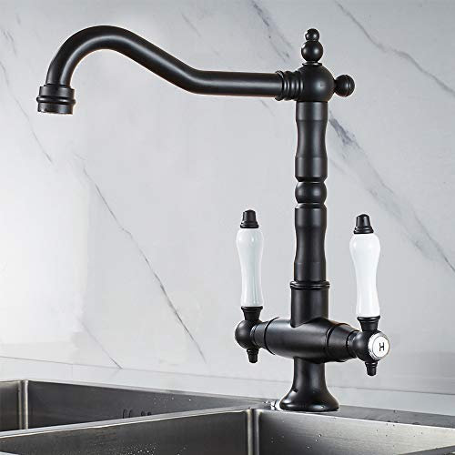 Küchenarmatur Messing Antik,Spültischarmatur Küche Wasserhahn,360°Schwenkbar mit 2 Keramisches Griffe,Zweigriffmischer Spültischarmatur für Küchen oder Badezimmer (Schwarz)