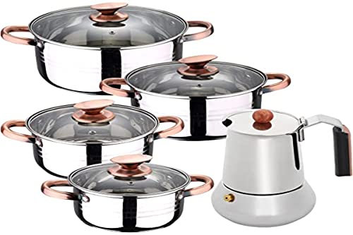 San Ignacio Bateria de cocina 8 piezas apta para induccion Altea en acero inoxidable con cafetera para 6 tazas de acero inoxidable Copper, PK3247