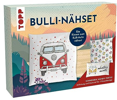 Nähset Kissenbezüge - VW T1 Bulli. Die Kissen zum Kult-Auto zum Selber-Nähen inkl. Material und Anleitung. 3 Kissenbezüge ca. 2x 40 x 40 cm + 40 x 20 cm