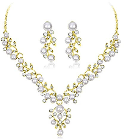 Cangall Jewellery Sets for Women, Necklace and Drop Earring Set with Clear Crystal & Pearl, Gold Wedding Jewellery Set for Ladies Bride Bridesmaid, Pearl Crystal Women's Jewellery Set for Engagements