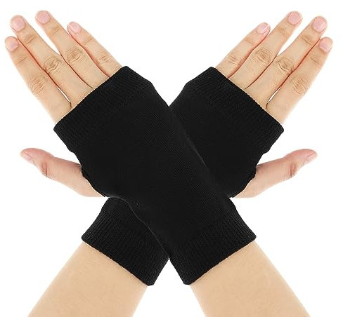 Sibba Guanti Senza Dita Invernali A Mezze Dita Spessi In Cotone Elasticizzato A Maglia Guanti Polsi A Maglia Foro per Pollice Ufficio Digitazione Telefono Artrite Unisex Uomo Donna 1 Paio Nero