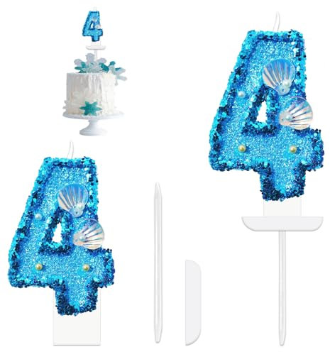 Geburtstag Nummer Kerzen, Glitzer Zahlenkerze Blau Geburtstagskerzen Zahlen, Geburtstagskuchen Kerzen mit Pailletten und Muschel für torte Geburtstag Jubiläum Meerjungfrauen-Mottoparty (Nummer 4)