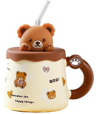 Tazza da 420 ml in ceramica a forma di orsetto grande, per forno a microonde, con coperchio, per colazione, caffè, tipo B