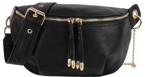 MilyaDE Bauchtasche Hüfttasche Crossbody Bag Damen Stylisch Schultertasche Umhängetasche PU Leder mit Ketten Gurt, Schwarz