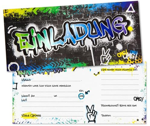 younikat 15 Graffiti Einladungskarten mit effektvollem Hochglanz-Lack I 21 x 9,8 cm I Einladung Set Geburtstag zum Ausfüllen I dv1376