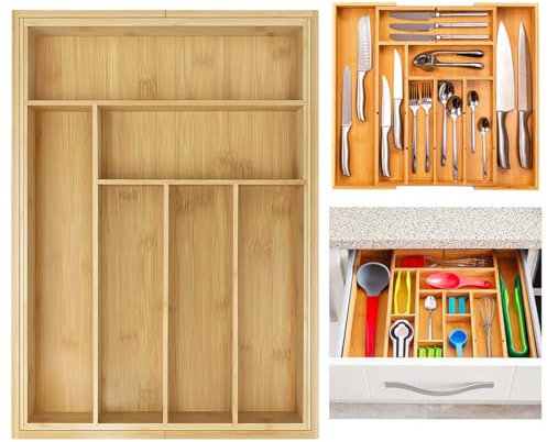 Feidak Bamboo Expandable Cutlery Tray – Utensils Holder Storage Drawer Organiser for Kitchen – Adjustable 6 to 8 Compartments