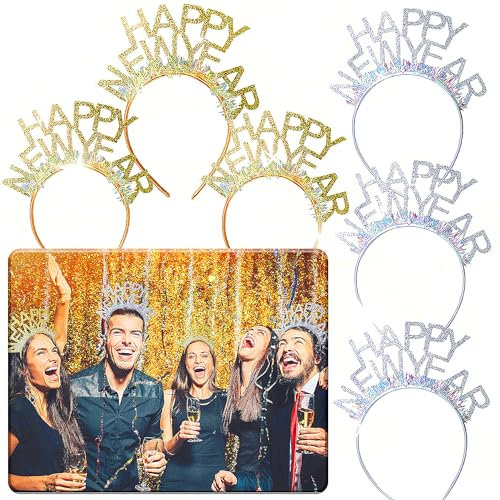 JeVenis 6 PCS Happy New Year 2025 Foto Booth Requisiten - Glückliches Neues Jahr Hut, Frohes Neues Jahr Stirnband, Silvester Party Zubehör