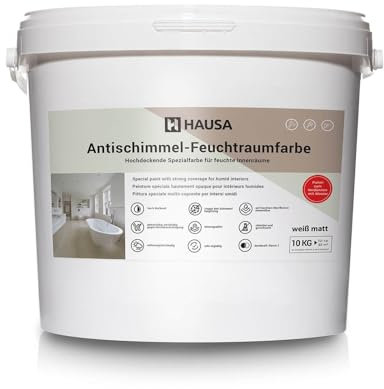 Hausa Antischimmelfarbe für feuchte Räume weiß 10kg Wandfarbe hochdeckend Farbe für Keller Bad Küche Langzeitschutz gegen Schimmel an feuchten Oberflächen anwendbar atmungsaktiv abwaschbar