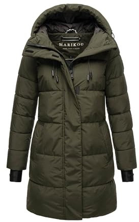 MARIKOO Damen Winterjacke (XS-6XL) - Wasserabweisend, teils mit Fleece, hochstehender Kragen, Steppjacke mit Kapuze, Warme Jacke Frauen - N008 (L, DOlive)