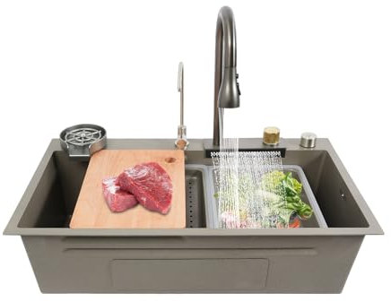 Fregadero de cocina de acero inoxidable con grifo, 80 x 45 cm, fregadero de cocina con grifo extraíble, bonito, duradero, multifuncional, color gris