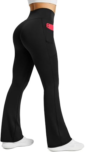 PRETISKY Womens Flared Yoga Pants with Pockets, High Waisted Flare Leggings Bell Bottom Bootcut Yoga Dress Pants Black