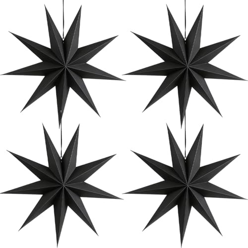 MUNSKT 4 Pcs Paper Christmas Decorations, Hanging Paper Stars Lanterns Chains for Xmas Tree, Ceiling, Home, 30 cm DIY Christmas Decor for Holiday Party, Festive Crafts (Black)