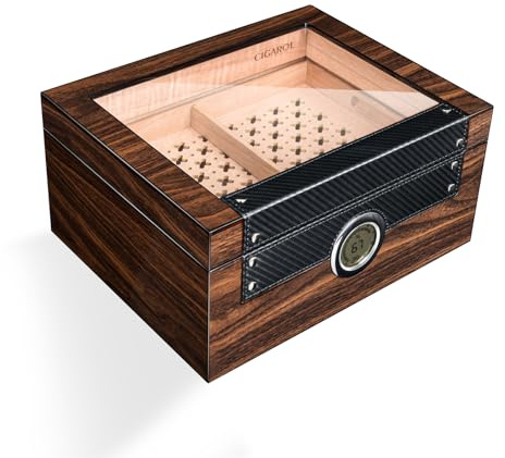 Volenx Cigar Humidor, Cedar Wood Humidor Cigar Box with Digital Hygrometer, Humidifiers, Glass-Topped Handcrafted Cigar Humidor Box for Cigars