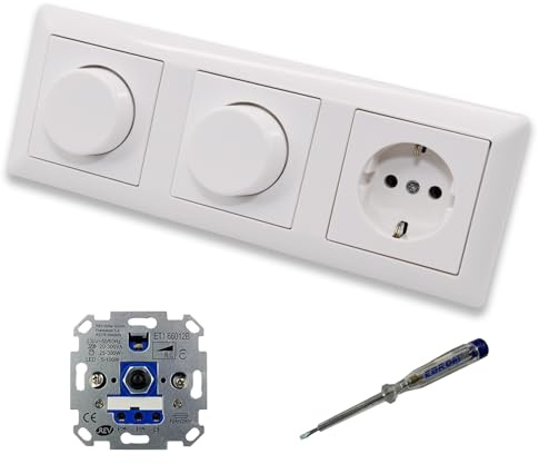 EBROM SET IDEE: REV Ritter (2 x) LED Drehdimmer Dimmer + Jung Dimmerscheiben A1740WW und Steckdose mit Kinderschutz A1520KIWW in AS500 alpinweiß glänzend + EBROM Phasenprüfer zur Montage der Geräte