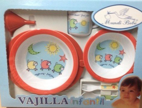 MUNDIBEBE Vajilla Plato Termo Ovejitas Vichy Celeste Rojo - 6 Piezas - Plato Termo con Ventosa, Vaso, Bol, Cuchara y Tenedor - Apto para Lavavajillas - Rojo