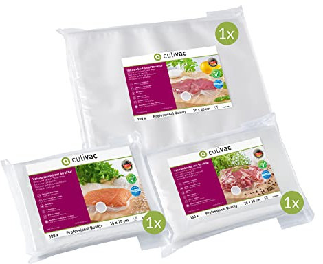 culivac Vakuumierfolien Set je 100 Vakuumbeutel 16x25cm, 20x30cm und 30x40cm Professional, Made in Germany, Professional Set 4, für Vakuumierer Vakuumiergerät, Vakuumierer Sous Vide