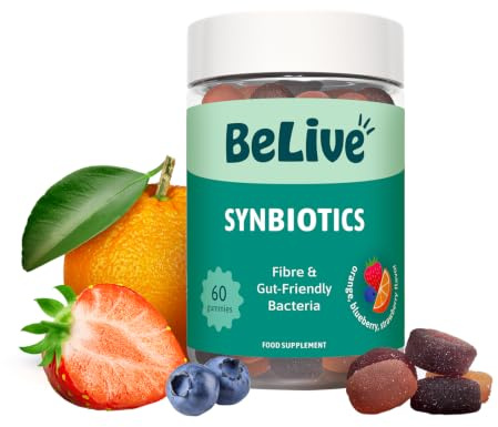 BeLive Synbiotics - Gut Friendly Bacteria Bacillus Coagulans & Fibre Gummies for Adults & Kids - Digestive Support and Gut Health, 500 Million CFUs - Strawberry, Orange, Blueberry Flavor