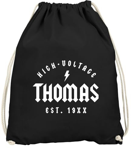 MoonWorks® Turnbeutel Geschenk Geburtstag personalisierbar Schriftzug High Voltage anpassbarer Name und Geburtsjahr Schwarz unisize