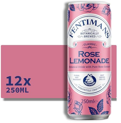 Fentimans Rose Lemonade - Botanically Brewed Lemonade made with Lemon Juice - Exquisitely Crafted and Refreshing Soft Drinks - Gluten-Free and Vegan Friendly Soft Drinks - 12 x 250 ml Cans
