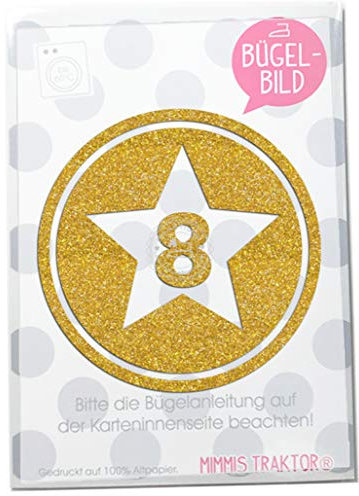 GLITZER Bügelbild Sternbutton mit Wunschzahl 10 cm GOLD, 1, 2, 3, 4, 5, 6, 7, 8, 9, 10 oder 11 Aufbügler Applikationen Bügelsticker für Stoffe Textilien Kinder zum Aufbügeln Flicken, Zahl:8