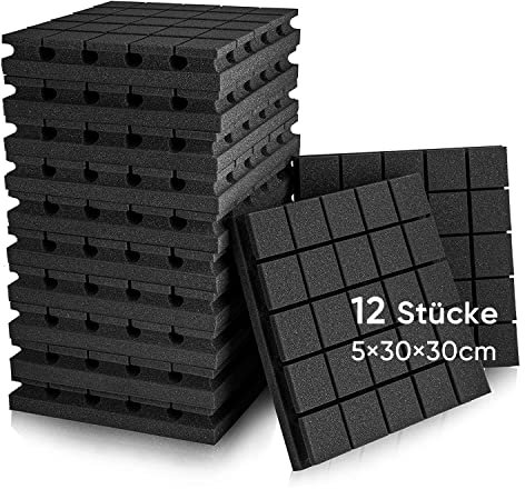Fstop Labs 12 Stücke Schallabsorber, 3D Hochdichte Akustikschaumstoff, Hall-Echo-Fliesen reduzieren, für Wand, Tonstudio, Arbeitszimmer, Aufnahmestudios, Büro, 30 x 30 x 5 cm Schwarz 25 Block Quadrat