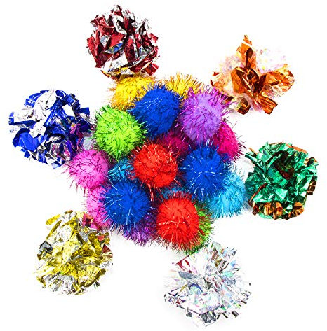 VAPKER 3,3 cm glitzernde Bälle und 6 cm große Knisterbälle für Katzen, Lieblingsspielzeug (26 Stück, zufällige Farbe)