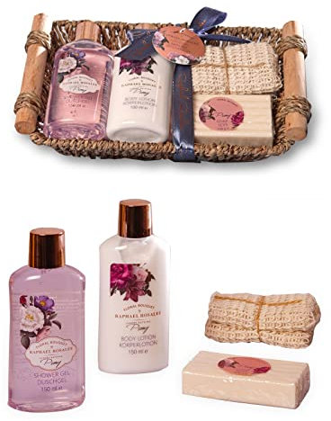 RAPHAEL ROSALEE COSMETICS Bade- und Pflegeset Flowers No. 223 (4-teilig) mit Pfingstrose – Bade-Geschenkset mit Handtuch, Duschgel, uvm.