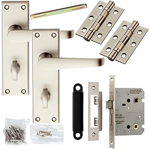 Door Handle & Bathroom Lock Pack Satin Chrome Victorian Straight Lever Backplate | Complete Matching Set for 1x Interior Door - Handle, Hinges & Thumb Turn Bathroom Lock & Latch | Privacy WC Toilet
