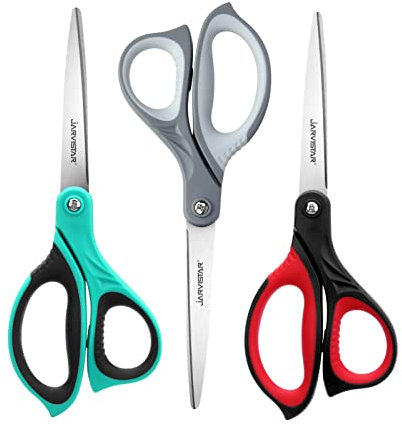JARVISTAR Scheren Set, 3-Teilig Haushalt Bastelschere 22 cm Mehrzweck Schere Ultra Scharfe Klinge aus Rostfreiem Stahl mit Weichem Griff für Zuhause, Büros, Schulen, Schneider (Grün, Grau, Rot)